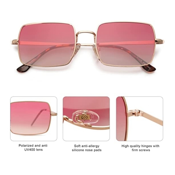 Pink Lenses Rectangle Polygon Polarized Sunglasses Retro Classic Vintage - Picture 3 of 4